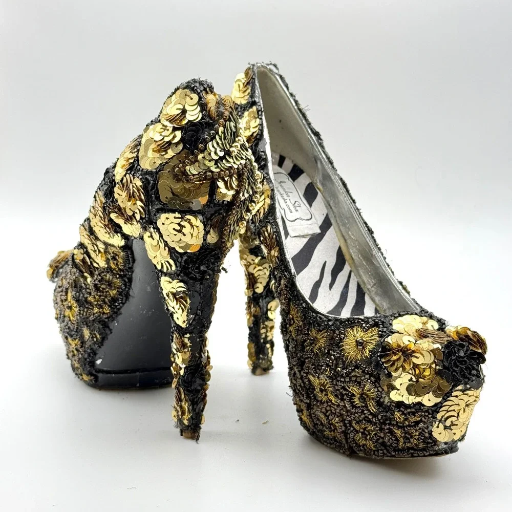 Ivanka Ska Sequin Beaded Platform Pumps Gold Black Zebra Print Heel 5.5 In 8/8.5